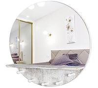 JJUUYOU Retro White Wooden Shelf Wall Mirror Display Unit Round Mirrored Wall Wooden Shelf and Hooks Indoor Living Large Make up Mirrors Bathroom Bedroom Hallway