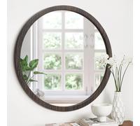 JJUUYOU Round Mirror Circular Wall Mounted Mirror for Bathroom Vintage Wood Framed Rustic Make up Mirrors for Living Room Bedroom Dorm Entryway Brown