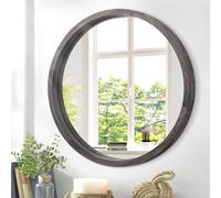 JJUUYOU Wall Mirror 60CM Round Wall Mirror for Bathroom, Antique Gray Circular Mirror Washroom Wall Decor Wood Frame Mirror for Living Room Bedroom Dorm Decorative