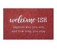 JJUUYOU Welcome Mat Low Profile Floor Mat Front Doormat, Welcome-ish Indoor Outdoor Door Mats Non Slip Absorbent Resist Dirt Entrance Doormats for Entryway Patio, Wine Red