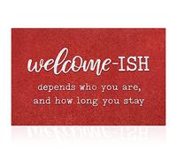 JJUUYOU Welcome Mats for Front Door Outdoor Entry Funny Welcome Ish Depends Who You are Doormat Non Slip Rubber Mat for Home Indoor Farmhouse Funny Kitchen Rugs Patio Red