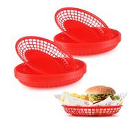 JJWNMLL 16Pcs Food baskets, reusable plastic oval red fruit basket,cinema snack tray,fries,sweets,crisps,party,picnics,BBQ,summer garden party festival