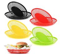 JJWNMLL Food Baskets, 8PCS Reusable Plastic Oval Fruit Basket for Burgers,Fries,Sweets,Crisps,Party,Picnics,BBQ (Black+Red+Yellow+Green)