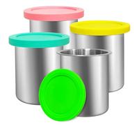 jjxeqo Stainless Steel Fit for ninja Creami Deluxe Containers- 4 Pack, Compatible with Ninja Creami CN501CO,NC501, NC500 Delux XL Series, Silicone Lids, BPA-Free, Dishwasher Safe, 5 Years Warranty