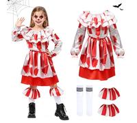 JJYDX Halloween Costume Horror Clown Girls: Children's Killer Clown Costume Set Red Yellow Striped Evil Terrifier Costume Fancy Dress Clothing Role Play Outfit for Carnival Party (XL-150 cm)