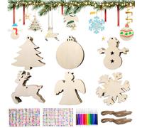 JJYHEHOT 60 Pcs Wooden Christmas Tree Decoration Set, Unfinished Christmas Wooden Tree Decorations with Pen, Gemstone and Star Stickers for XmasTree Hanging Ornaments Gift DIY Craft (6 Style)