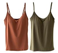 JK Home 2 Pack Women Built in Shelf Bra Vest Top Cami Casual Undershirt | Slim Comfy 2 in 1 Sport Bra Tank, Spaghetti Strap Gym Activewear Camisole Modal Tank Top Basic Undergarment Vest