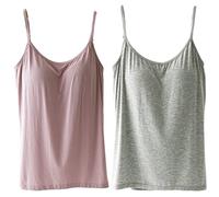 JK Home 2 Pack Women Built in Shelf Bra Vest Top Cami Casual Undershirt | Slim Comfy 2 in 1 Sport Bra Tank, Spaghetti Strap Gym Activewear Camisole Modal Tank Top Basic Undergarment Vest