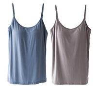 JK Home 2 Pack Women Built in Shelf Bra Vest Top Cami Casual Undershirt | Slim Comfy 2 in 1 Sport Bra Tank, Spaghetti Strap Gym Activewear Camisole Modal Tank Top Basic Undergarment Vest