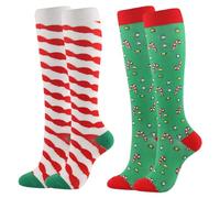 JK Home 2 Pairs Christmas Compression Socks for Women Men, Knee High Compression Socks for Running Cycling Football Hiking Travel Holiday, Cushioned Warm Thick Winter Athletic Socks F S/M