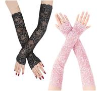 JK Home 2 Pairs Lace Arm Sleeves For Women, Floral Long Fingerless Lace Gloves for Bridal Opera Tea Party, Sun UV Protection Summer Driving Elbow Length Mesh Cooling Gloves Black Pink