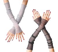 JK Home 2 Pairs Women's Glitter Long Ultra-thin Lace Gloves Sun UV Protection, Cooling Mesh Tulle Sunscreen Sleeves Fingerless Arms Legs Accessories for Party Outdoor Sport Black Grey