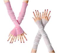 JK Home 2 Pairs Women's Glitter Long Ultra-thin Lace Gloves Sun UV Protection, Cooling Mesh Tulle Sunscreen Sleeves Fingerless Arms Legs Accessories for Party Outdoor Sport White Pink