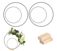 JK Home 4Pcs 20/10cm Black Round Wreath Frame Hanging Metal Stars Ring with 2PCS Wooden Stands for Crafting, Wire Frames DIY Crafts Hoops Dream Catcher Macrame Ring Holiday Wreath Christmas Decor