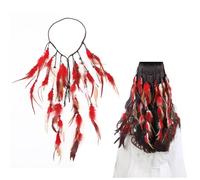 JK Home Boho Feather Headband, Extra Long Indian Hair Accessories Headpiece for Beach Masquerade Carnival Festival Girl Women Hippie Vintage Tribal Headpiece Carnival Costume Red