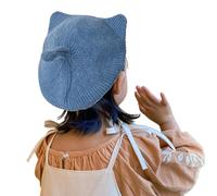 JK Home Cute Cat Ear Wool Beret Hat for Girls, Soft Lined Knitted Hat Double Layer Warm Crochet Beanie Hat French Artist Painter Knit Cap for 2-5 Years Kids
