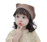 JK Home Cute Cat Ear Wool Beret Hat for Girls, Soft Lined Knitted Hat Double Layer Warm Crochet Beanie Hat French Artist Painter Knit Cap for 2-5 Years Kids