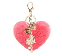 JK Home DIY Photo Locket Heart Keychains With Storage Box, Cute Soft Plush Heart Shape Pom Poms Keyrings Crystal I LOVE YOU Pendant Fluffy Key Chain for Charms Keys Phone Bag Car Watermelon Red