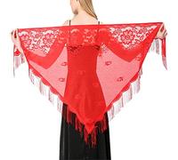JK Home Floral Lace Triangle Shawls Wraps with Tassels, Hollow Out Soft Mesh Fringe Scarf 184cm for Wedding Evening Party, Women Scarves Bikini Cover Up Red