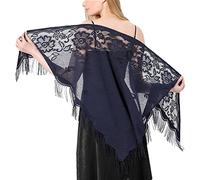JK Home Floral Lace Triangle Shawls Wraps with Tassels, Triangle Veil Lace Head Covering Chapel Scarf Bridal Veils Tulle Rose Floral Church Veil Bikini Cover Up for Party Birthday Wedding Navyblue
