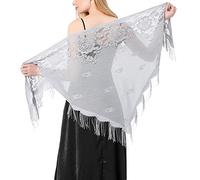 JK Home Floral Lace Triangle Shawls Wraps with Tassels, Triangle Veil Lace Head Covering Chapel Scarf Bridal Veils Tulle Rose Floral Church Veil Bikini Cover Up for Party Birthday Wedding Grey