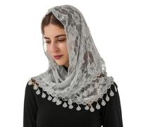 JK Home Floral Lace Triangle Shawls Wraps with Tassels, Triangle Veil Lace Head Covering Chapel Scarf Bridal Veils Tulle Rose Church Veil Bikini Cover Up for Party Birthday Wedding Masquerade Grey