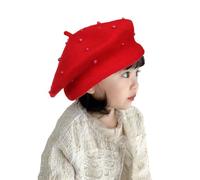 JK Home Girls Pearl Wool Beret Hat, Classic French Princess Warm Artist Beanie Cap, Vintage Autumn Winter Painter Hats for 2-5 Years Kids Red