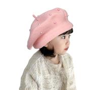 JK Home Girls Pearl Wool Beret Hat, French Princess Warm Artist Beanie Cap, Classic Vintage Autumn Winter Kids Painter Hats for 2-5 Years Pink
