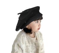 JK Home Girls Pearl Wool Beret Hat, French Princess Warm Artist Beanie Cap, Classic Vintage Autumn Winter Kids Painter Hats for 2-5 Years Black