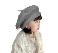 JK Home Girls Pearl Wool Beret Hat, French Princess Warm Artist Beanie Cap, Classic Vintage Autumn Winter Kids Painter Hats for 2-5 Years Grey
