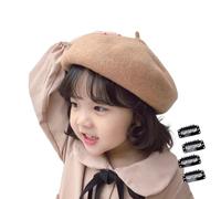 JK Home Kids Girls Wool Beret Hat with 4pcs Hair Fasten Clips, Elegant French Style Beanie Cap Classic Soft Solid Color Artist Bowler Winter Warmer Hats for 2-5 Years Kids