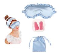 JK Home Ruffled Silk Satin Sleeping Eye Mask with Travel Pouch Earplug, Sleep Eye Mask Night Blindfold for Women Girls, Soft Blackout Eyeshade Eye Cover for Travel Wedding SkyBlue