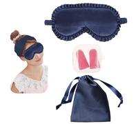 JK Home Ruffled Silk Satin Sleeping Eye Mask with Travel Pouch Earplug, Sleep Eye Mask Night Blindfold for Women Girls, Soft Blackout Eyeshade Eye Cover for Travel Wedding Navyblue
