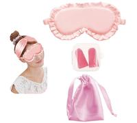 JK Home Ruffled Silk Satin Sleeping Eye Mask with Travel Pouch Earplug, Sleep Eye Mask Night Blindfold for Women Girls, Soft Blackout Eyeshade Eye Cover for Travel Wedding Pink
