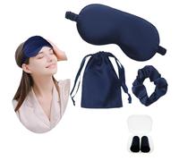 JK Home Silk Eye Mask Travel Set with Pouch Earplug and Hair Scrunchies, Satin Sleep Mask Soft Eye Cover Eyemask for Women Men Blackout with Elastic Strap for Night Travel Nap Navyblue
