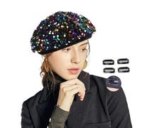 JK Home Sparkly Sequin Beret Wool Navy Hat Beanie with 4pcs Fasten Snap Clips for Women Halloween Festival Party Club, Shining Adjustable French Fun Costume Mermaid Dancing Cap