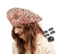 JK Home Sparkly Sequin Beret Wool Navy Hat Beanie with 4pcs Fasten Snap Clips for Women Halloween Festival Party Club, Shining Adjustable French Fun Costume Mermaid Dancing Cap