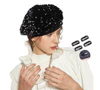 JK Home Sparkly Sequin Beret Wool Navy Hat Beanie with 4pcs Fasten Snap Clips for Women Halloween Festival Party Club, Shining Adjustable French Fun Costume Mermaid Dancing Cap