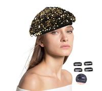 JK Home Sparkly Sequin Beret Wool Navy Hat Beanie with 4pcs Fasten Snap Clips for Women Halloween Festival Party Club, Shining Adjustable French Fun Costume Mermaid Dancing Cap