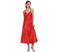 JK Home Stain Full Slip Midi Dress - Chemise Nightgown with Adjustable Spaghetti Strap for Women - Red S