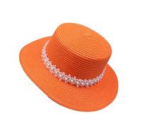 JK Home Wide Brim Flat Top Beach Hats w/Lace Pearl Band for Women Sun Foldable Straw Hat UPF 50+ Summer Panama Cap Orange