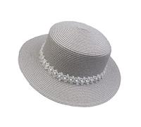 JK Home Wide Brim Flat Top Beach Hats w/Lace Pearl Band for Women Sun Foldable Straw Hat UPF 50+ Summer Panama Cap Grey
