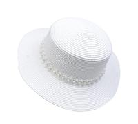 JK Home Wide Brim Flat Top Beach Hats w/Lace Pearl Band for Women Sun Foldable Straw Hat UPF 50+ Summer Panama Cap White