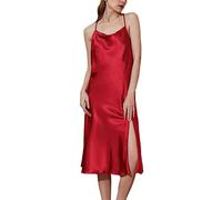 JK Home Women Satin Full Slips Chemise Nightgown, Lace Silk Cowl Neck Spaghetti Straps High Split Backless Dress Nightwear, Nightdress Basic Underskirt Red XL