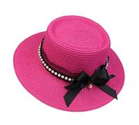 JK Home Womens Big Bowknot Wide Brim Concave Top Straw Hat Floppy Summer Sun Beach UPF50 Foldable Fedora Trilby Rose Red