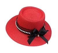 JK Home Womens Big Bowknot Wide Brim Concave Top Straw Hat Floppy Summer Sun Beach UPF50 Foldable Fedora Trilby Red