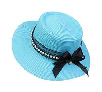 JK Home Womens Big Bowknot Wide Brim Concave Top Straw Hat Floppy Summer Sun Beach UPF50 Foldable Fedora Trilby Lake Blue