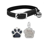 JK Leather Cat Collar, Safety Elastic Bell & Engraved Glitter Tag (Black)