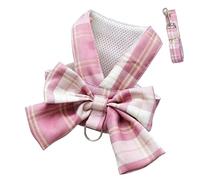 JK Plaid Bow Harness Leash No Choke Mesh XS-2X Puppy Kitten (E,XS) | No-choke neck safe JK plaid bow breathable mesh D-ring snap 1.5m leash REACH XS-2X 1-20lbs