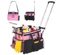 JKAOO Large Rolling Cleaning Caddy Bag with Detachable Trolley, Waterproof Cleaning Caddy on Wheels for Housekeepers, Cleaning Cart Supplies Organizer for Home,Car,Office,Picnic (Pink) (in Patent)